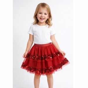 H&M Girls Red Sequin‎ Tulle Skirt 4-6Y Holiday Party